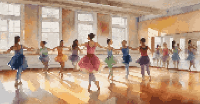 A dance class with diverse students practicing in a well-lit studio, with mirrors and colorful wall art.