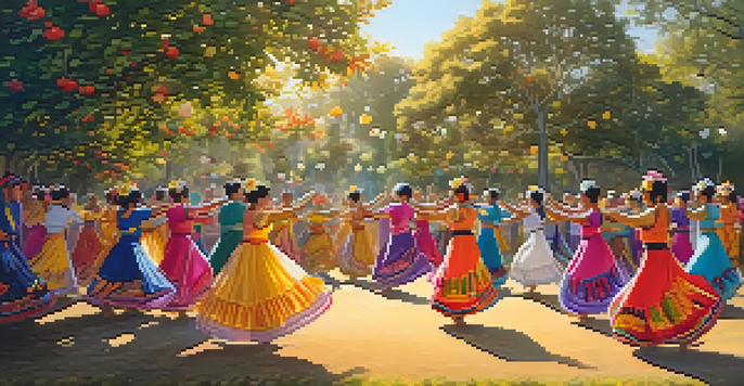 A traditional dance performance in a colorful outdoor setting with dancers in vibrant costumes and an engaged audience.