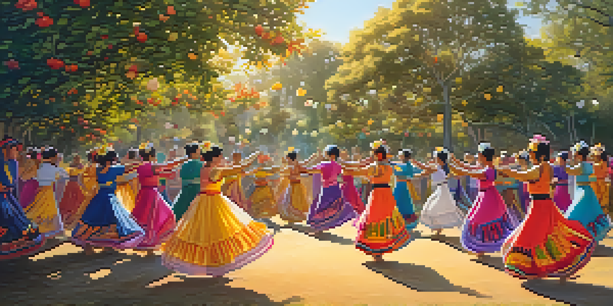 A traditional dance performance in a colorful outdoor setting with dancers in vibrant costumes and an engaged audience.