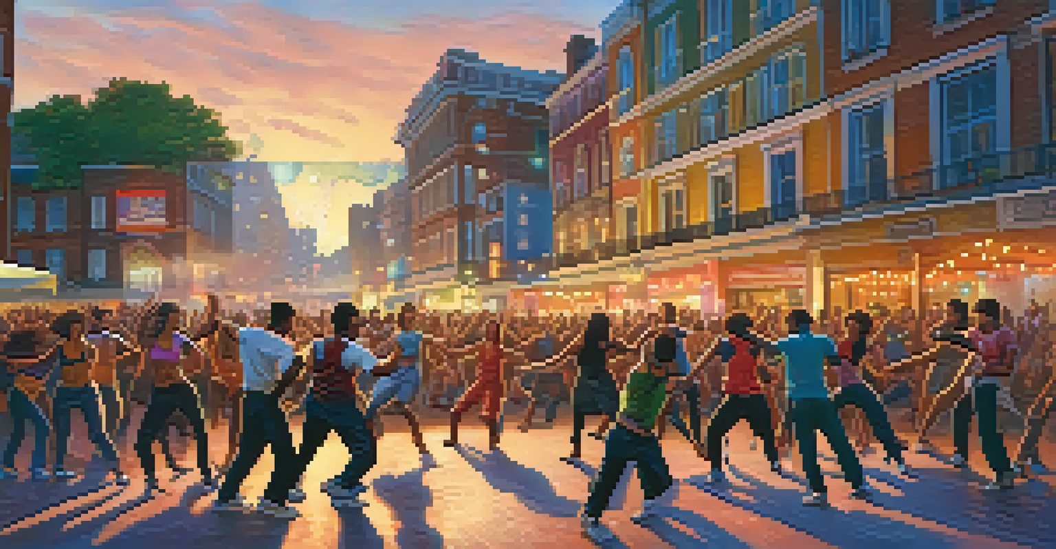 A lively street dance battle with dancers showcasing their skills in front of an enthusiastic audience in a public square.