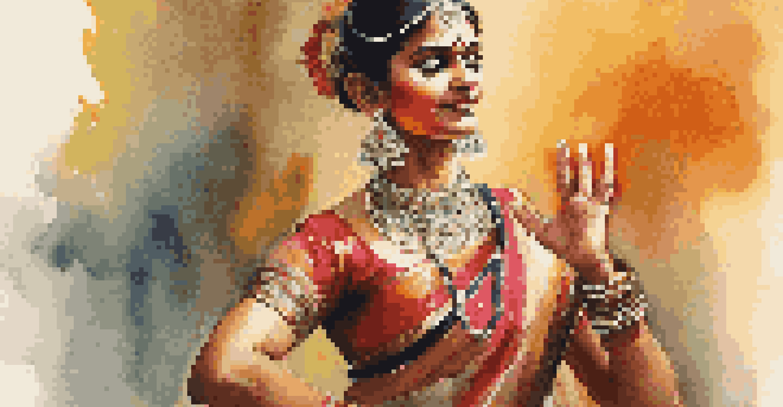 An Indian classical dancer in traditional attire performing with intricate hand gestures and facial expressions.