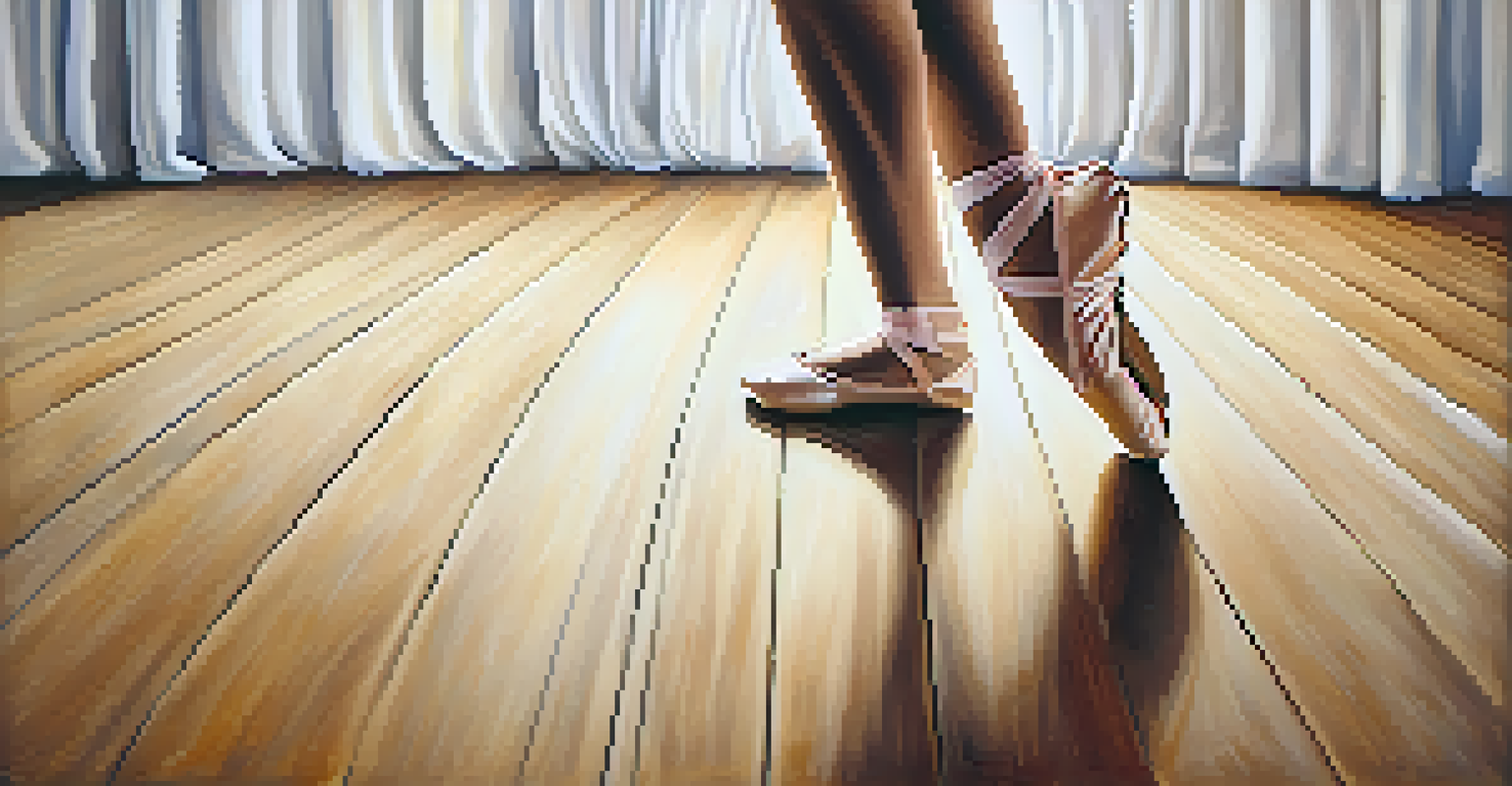 A close-up of a dancer's feet in ballet shoes performing on a wooden stage.