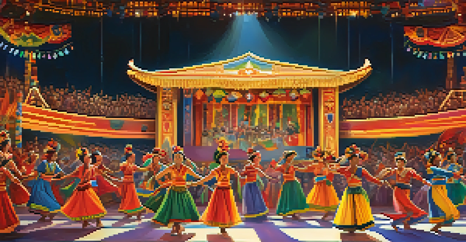 A cultural festival showcasing dancers in traditional costumes performing on stage, with an audience enjoying the vibrant atmosphere.