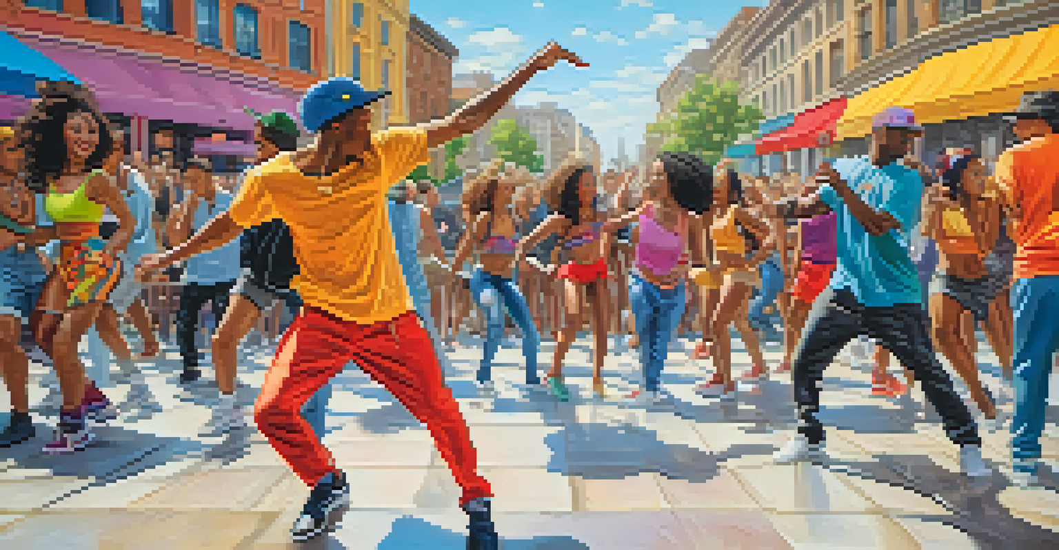 A group of diverse dancers performing street dance in a lively city square, with colorful outfits.
