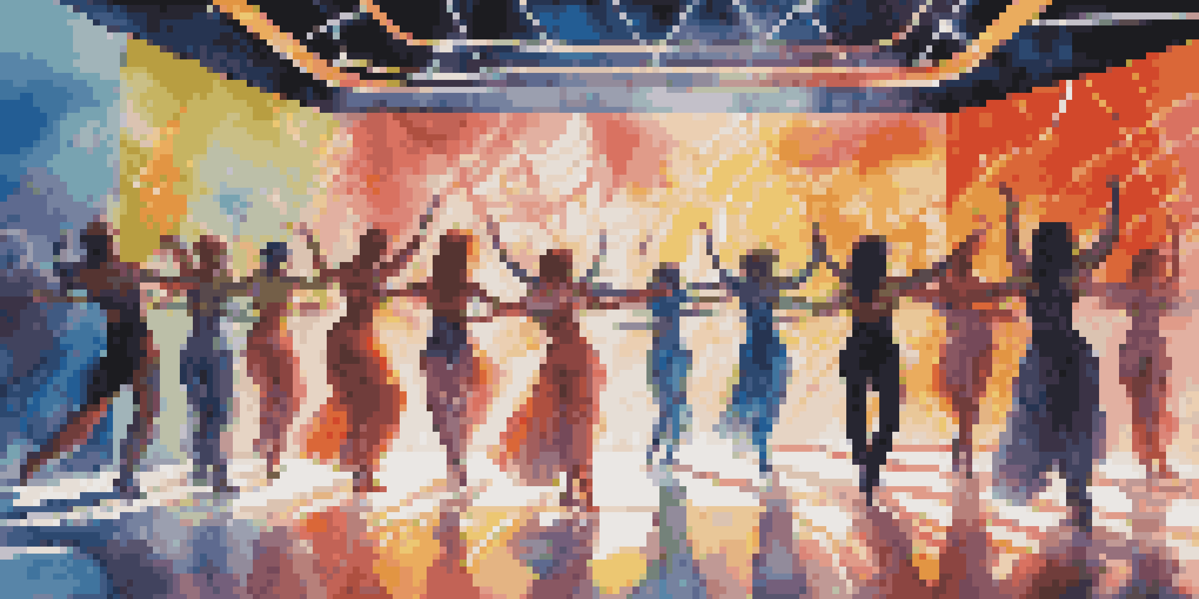 A group of dancers performing in high-tech costumes with LED lights, surrounded by dynamic colorful projections, engaging an enthusiastic audience.