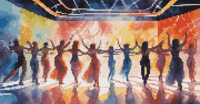 A group of dancers performing in high-tech costumes with LED lights, surrounded by dynamic colorful projections, engaging an enthusiastic audience.