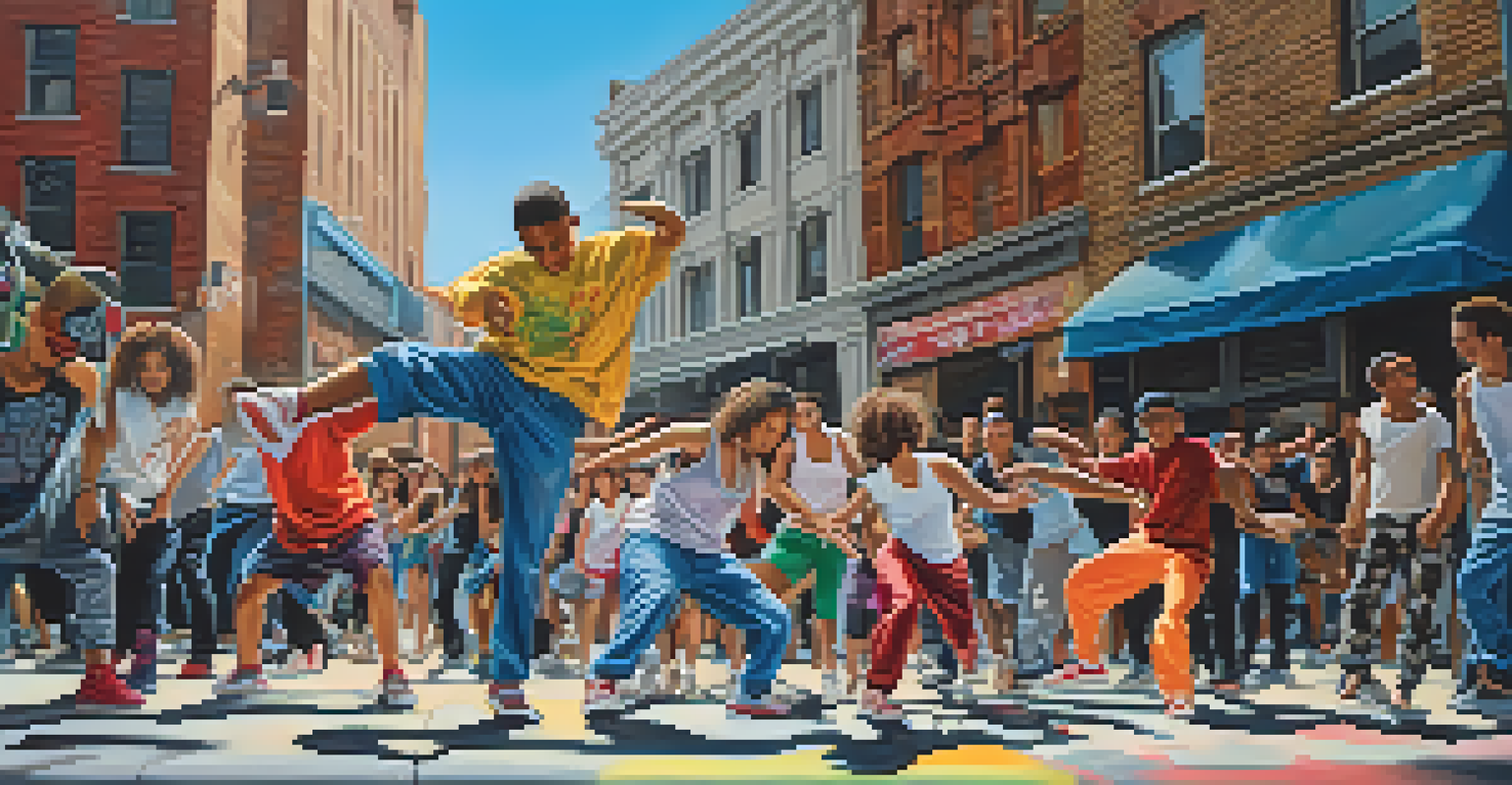 A group of young dancers performing breakdancing moves on a city sidewalk with graffiti-covered walls in the background.