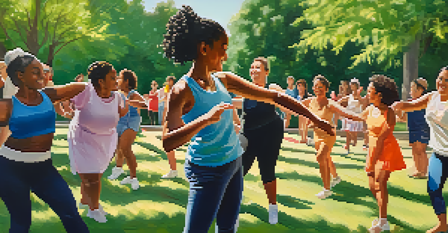 A lively outdoor dance workshop with individuals of various body types enjoying dance together in a sunlit park.