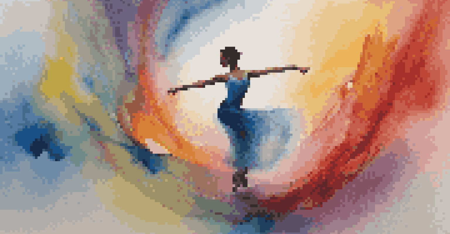 An abstract image of a dancer frozen in mid-air, surrounded by colorful swirls, symbolizing the contrast between silence and sound.