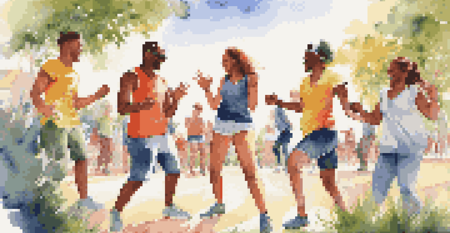 A group of friends dancing outdoors in colorful athletic wear, with a portable speaker in a sunny setting.