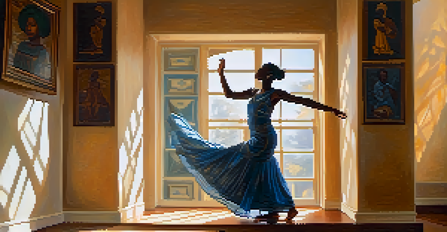 A young African woman practicing dance in a sunlit room, surrounded by cultural artifacts.