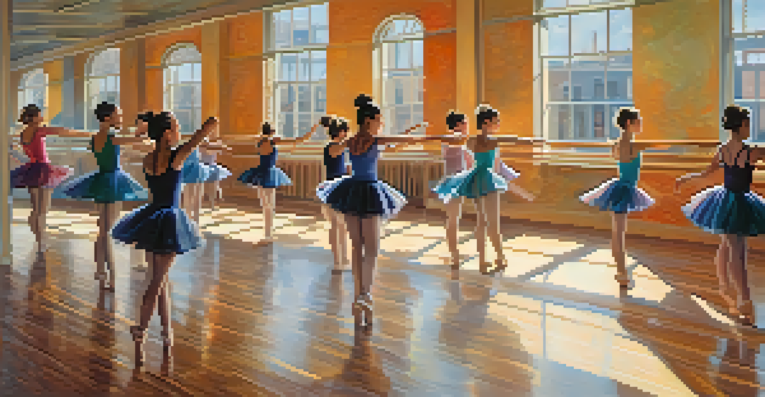 A dance studio filled with dancers practicing pirouettes with mirrors and natural light.