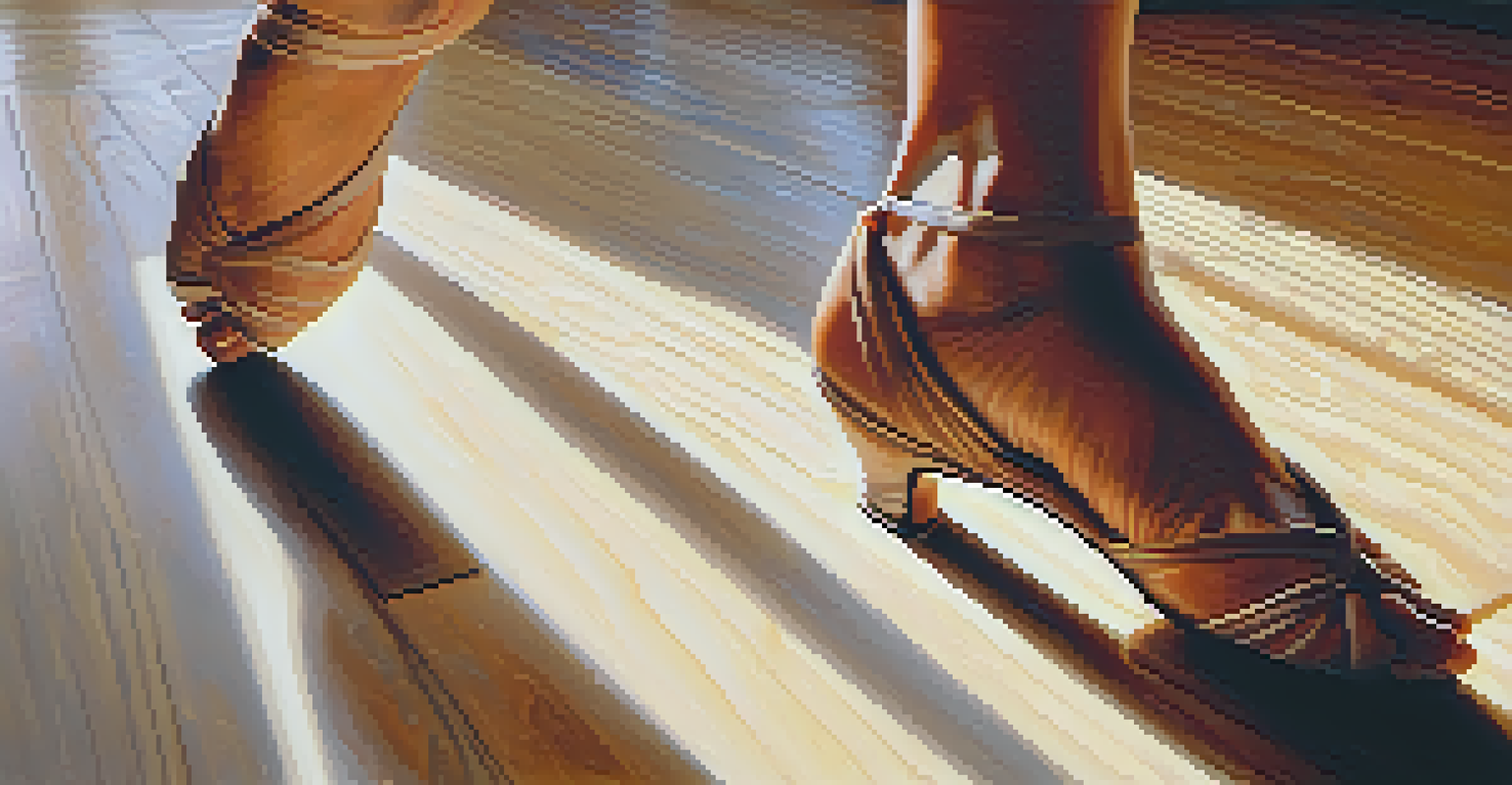 A close-up of a dancer's feet performing intricate movements on a polished wooden floor.