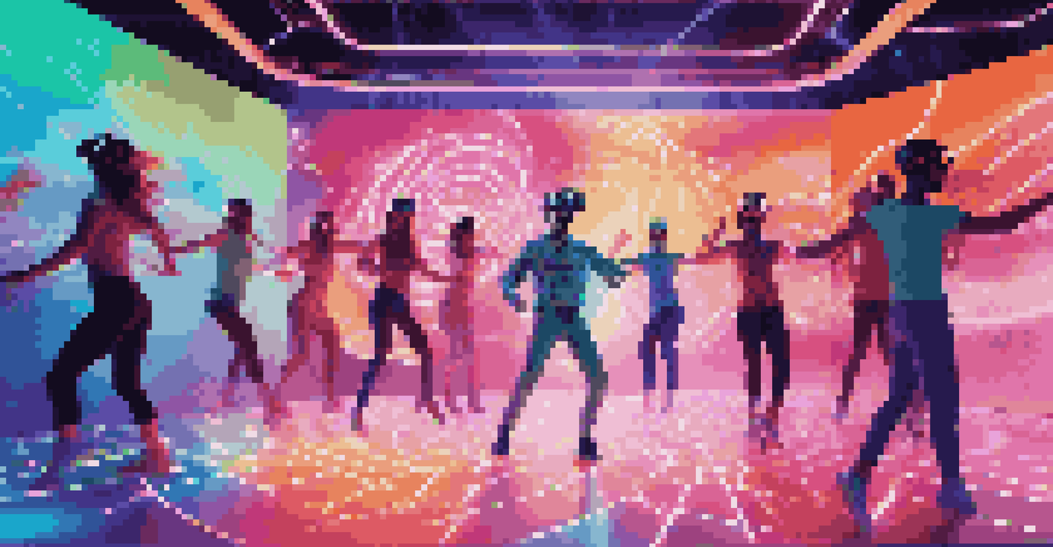 Users in VR headsets engaging with holographic dancers in a colorful and immersive digital environment, showcasing the future of dance in advertising.