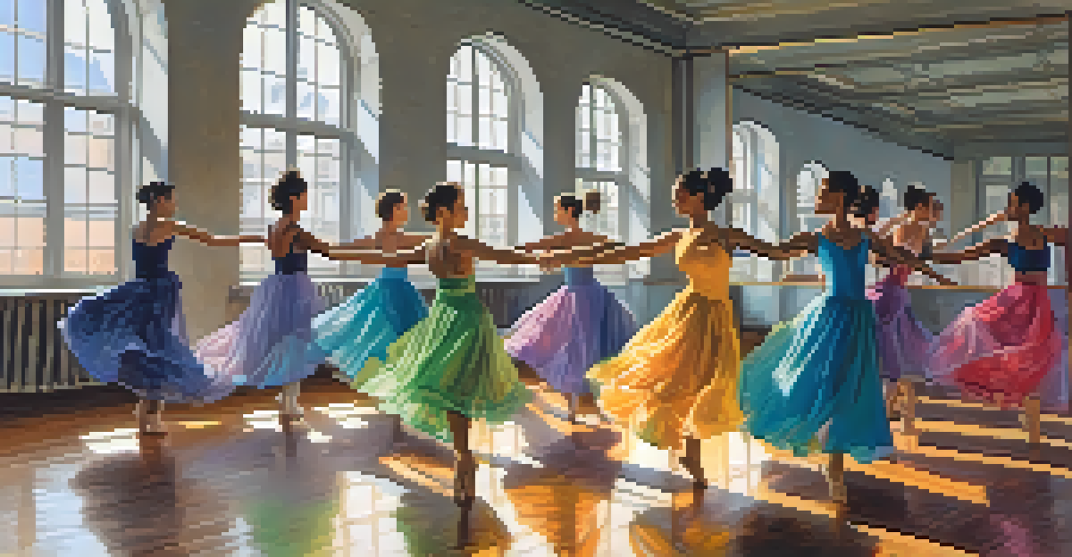 A group of dancers practicing in a bright studio with mirrors, showcasing different dance styles.