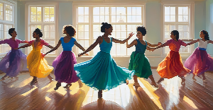 A diverse group of people dancing joyfully in a sunlit studio, showcasing different dance styles and a festive atmosphere.