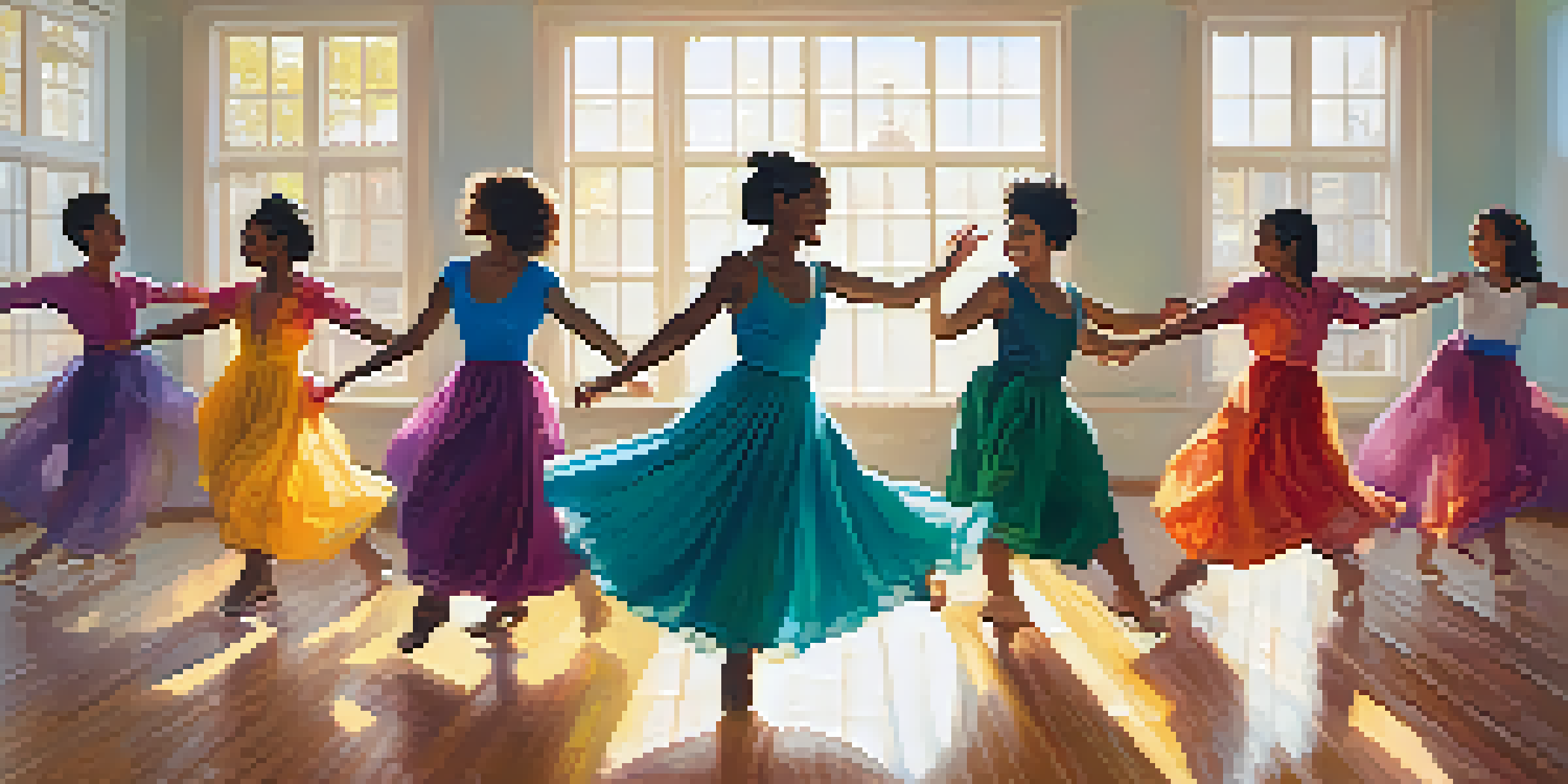 A diverse group of people dancing joyfully in a sunlit studio, showcasing different dance styles and a festive atmosphere.