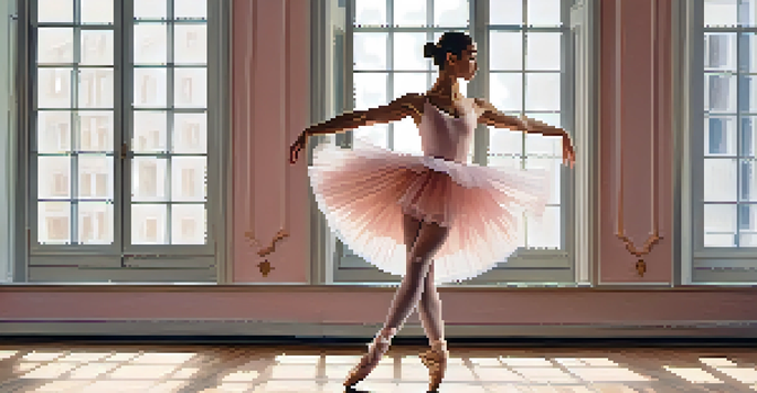 A ballet dancer performing a plié in a sunlit studio, showcasing her elegant posture and soft pink tutu.