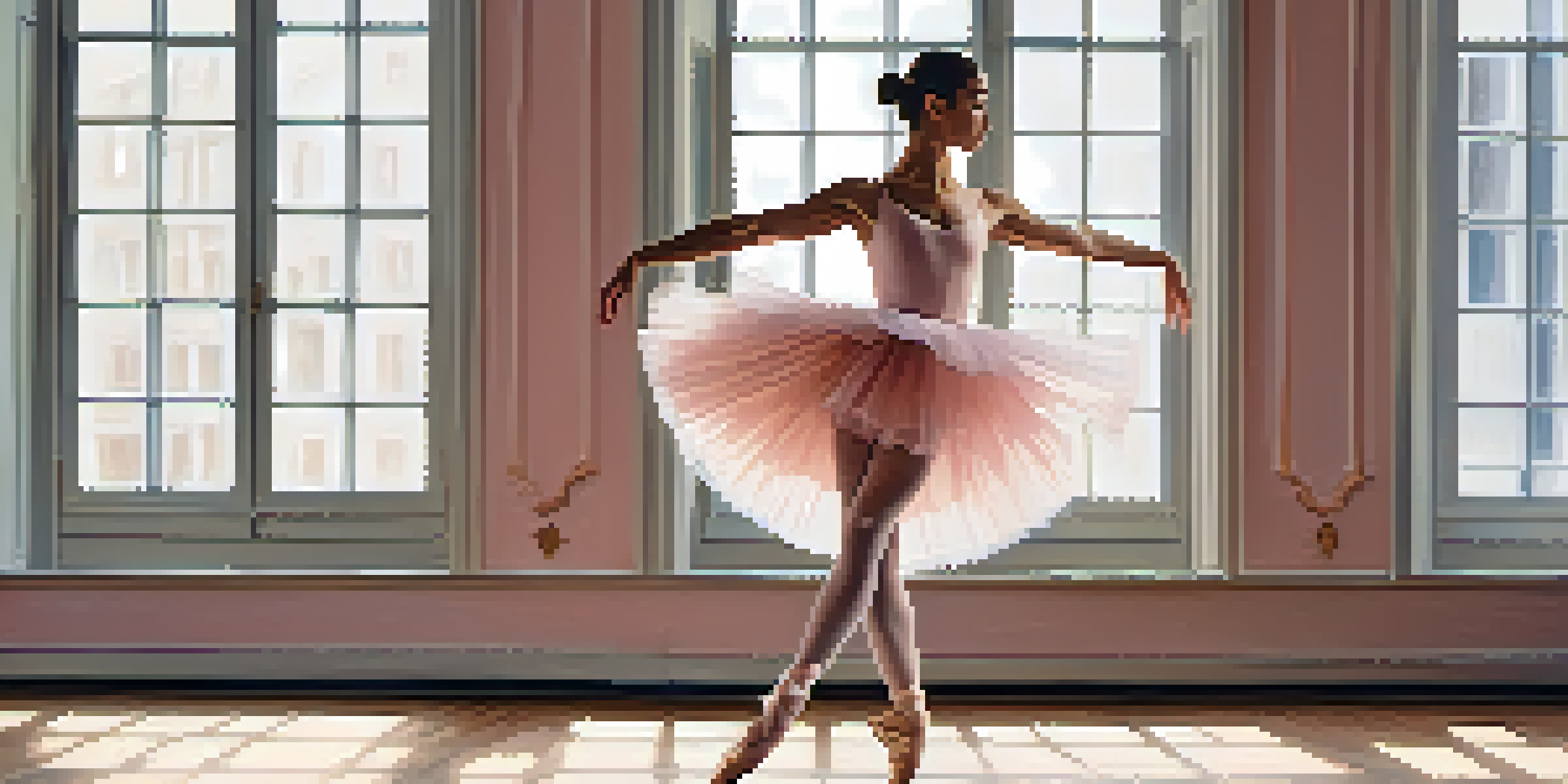 A ballet dancer performing a plié in a sunlit studio, showcasing her elegant posture and soft pink tutu.