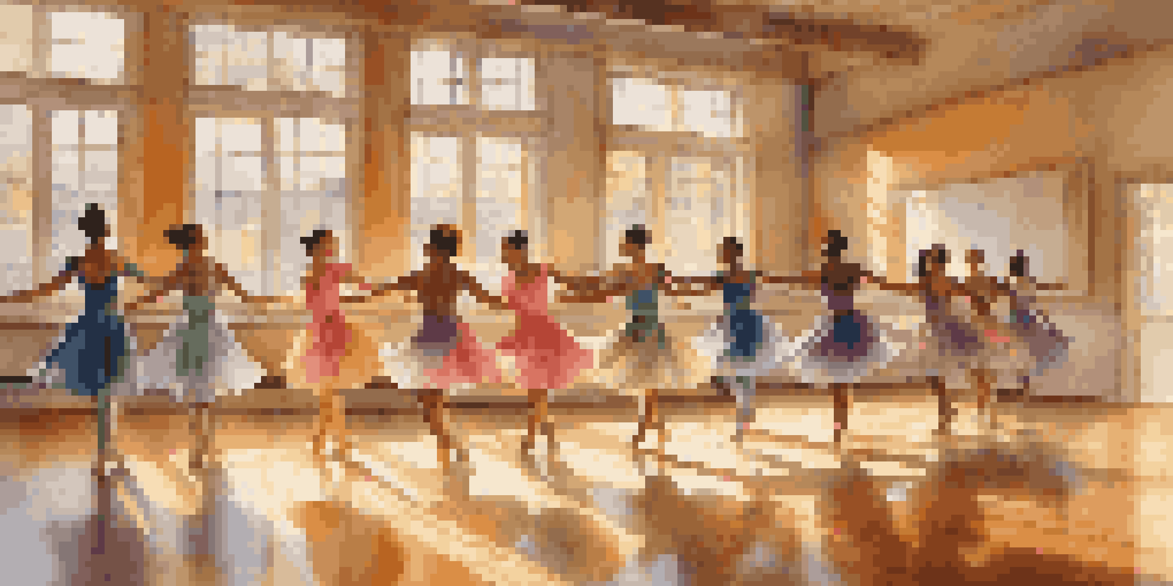 A dance studio filled with diverse dancers in colorful costumes, expressing joy through movement in warm sunlight.