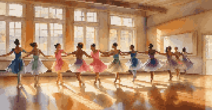 A dance studio filled with diverse dancers in colorful costumes, expressing joy through movement in warm sunlight.