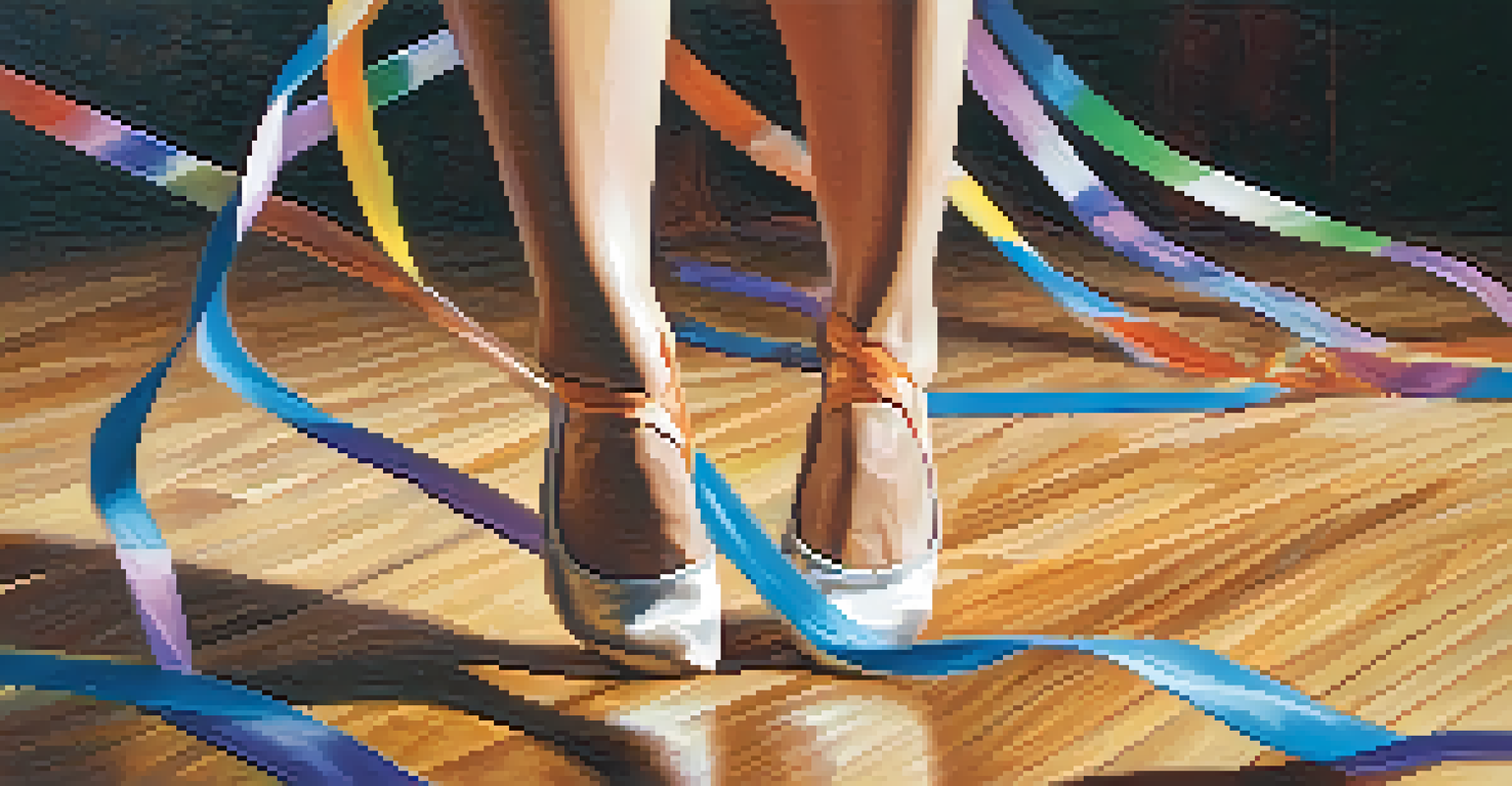 A close-up view of a dancer's feet moving gracefully on a wooden dance floor, adorned with colorful ribbons, highlighting the dynamic energy of dance.