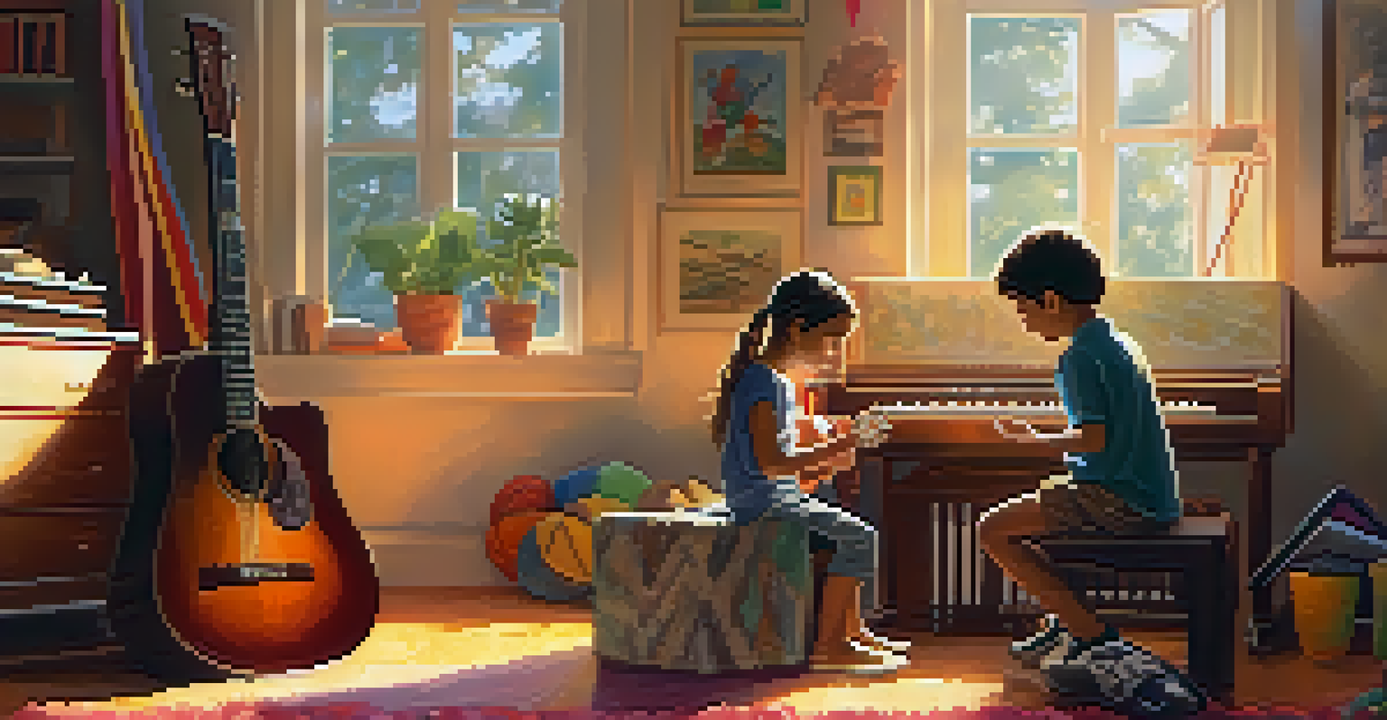 A parent and child joyfully making music together in a warm, inviting room filled with instruments.