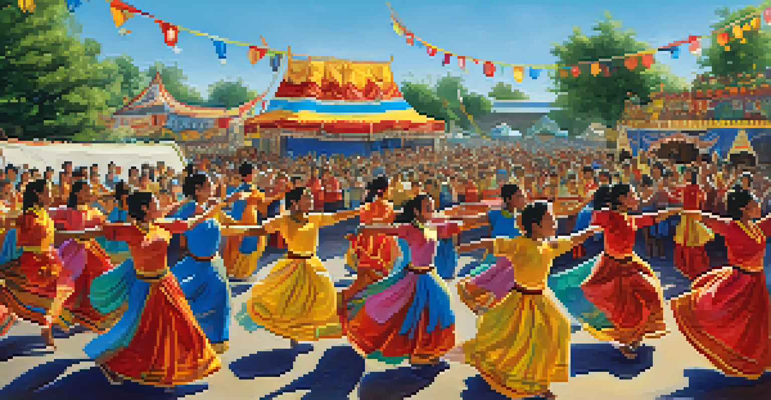 A community festival with dancers performing on stage, surrounded by a cheering audience and colorful decorations.