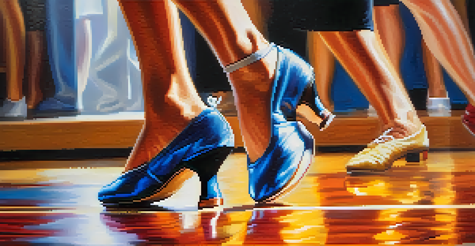 Close-up of a dancer's feet in motion, showcasing intricate footwork on a glossy wooden floor.