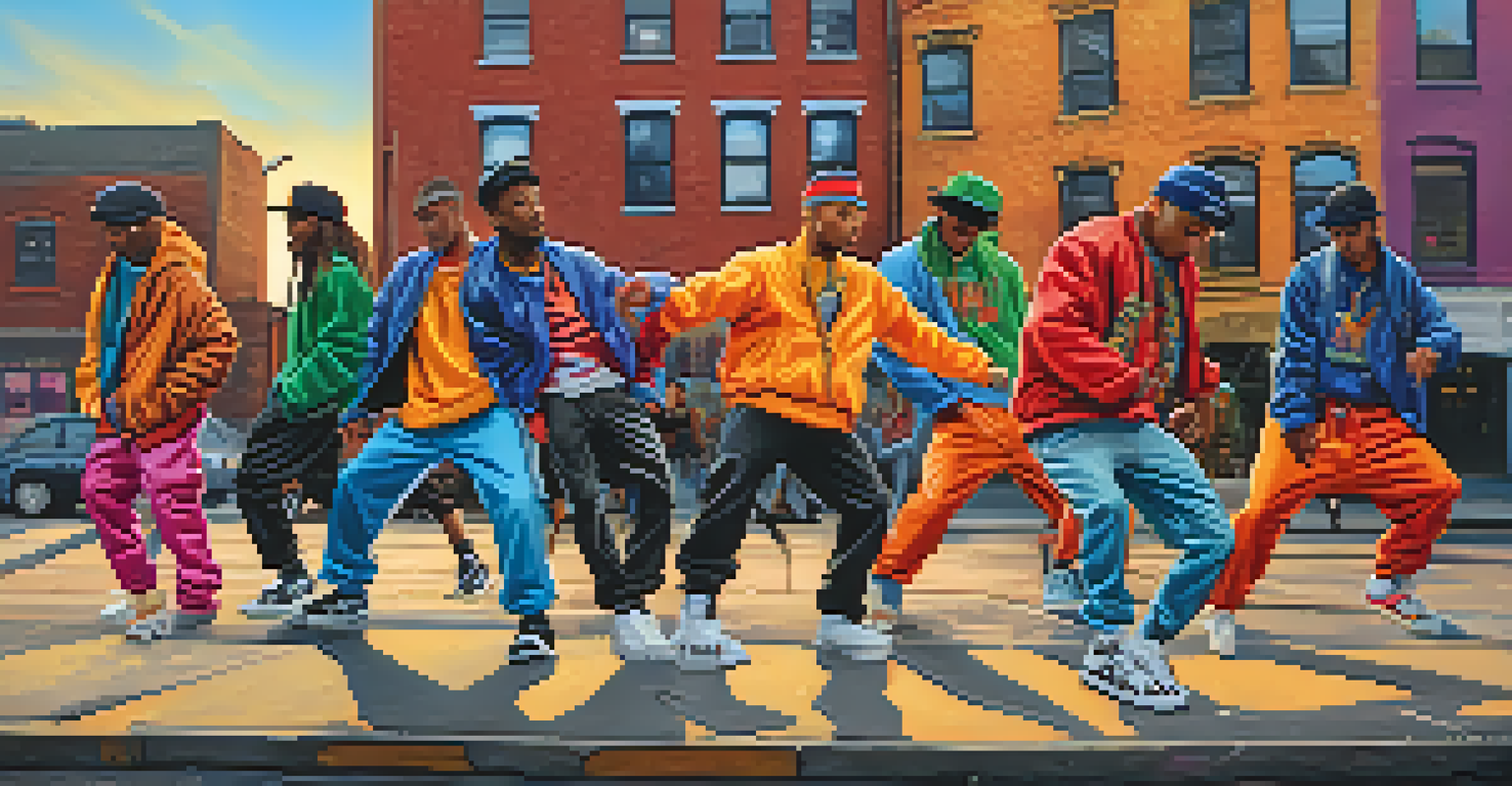 A hip-hop dance crew in colorful outfits performing on a street with graffiti art in the background during sunset.