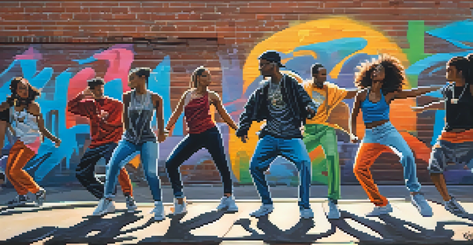 A group of young dancers performing hip-hop dance on a city street, surrounded by colorful graffiti.