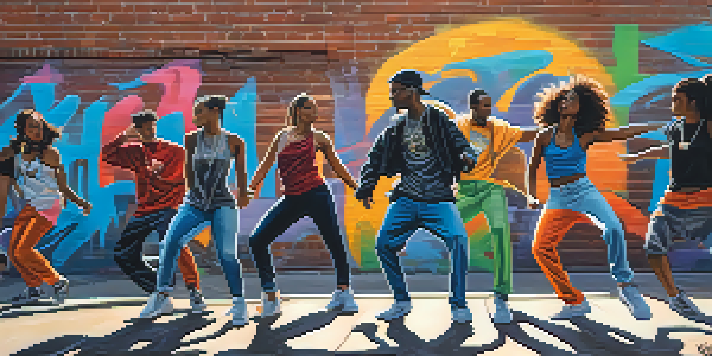 A group of young dancers performing hip-hop dance on a city street, surrounded by colorful graffiti.