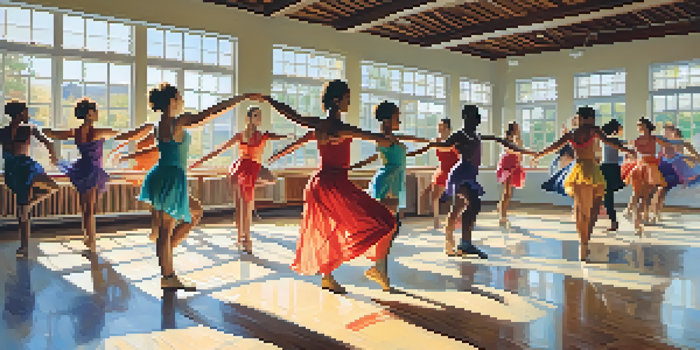 A group of diverse dancers of different body shapes and sizes performing in a bright studio, reflecting joy and individuality.