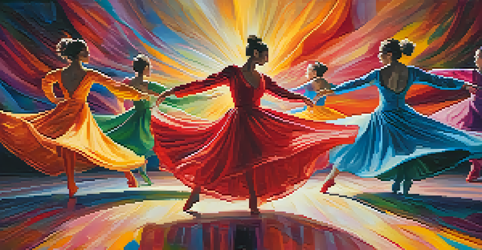 Dancers performing against a colorful painting backdrop, expressing emotions with flowing movements and soft lighting.