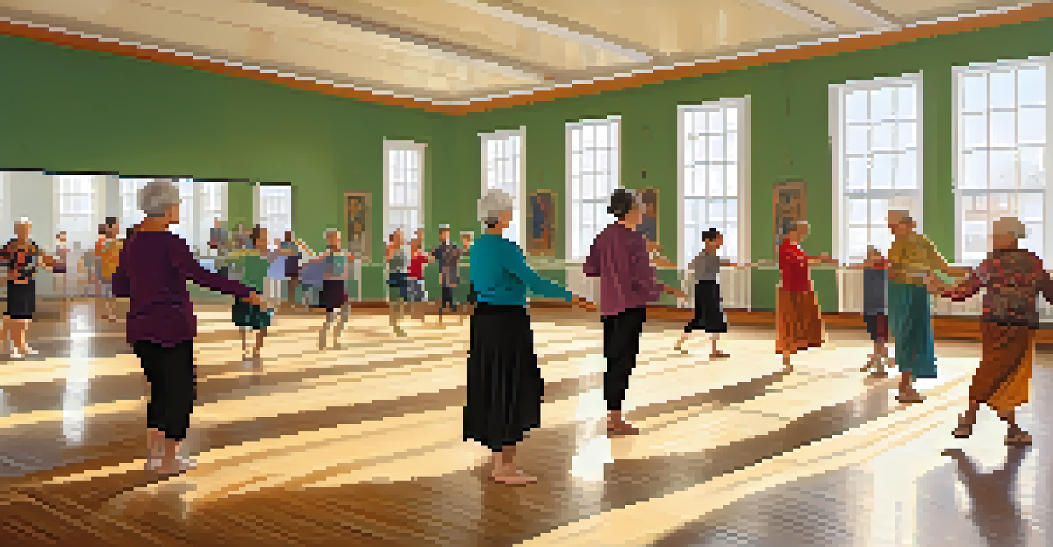 Older adults teaching traditional dances to young participants in a bright dance studio, with cultural artwork on the walls.