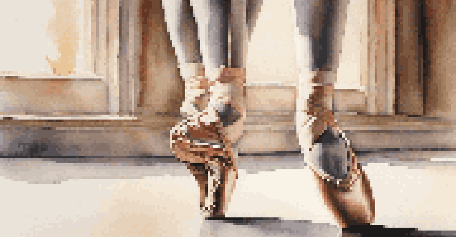 A close-up of a dancer's feet in ballet shoes, capturing the elegance and motion against a blurred background.