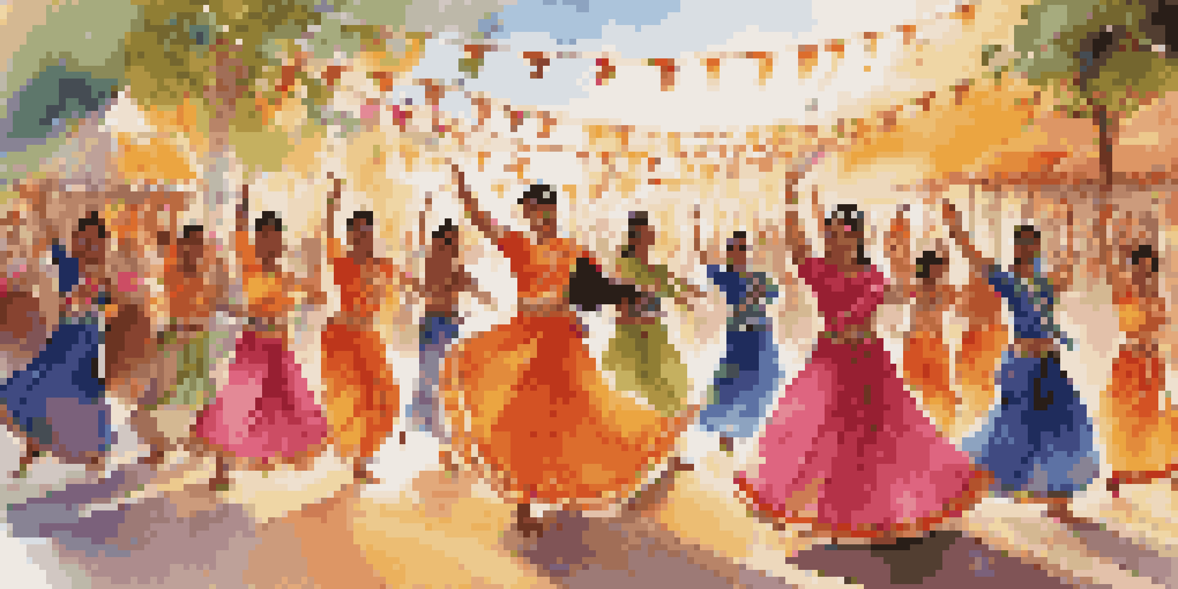 A lively outdoor festival showcasing Bollywood dancers in colorful costumes, surrounded by decorations and an engaged audience.