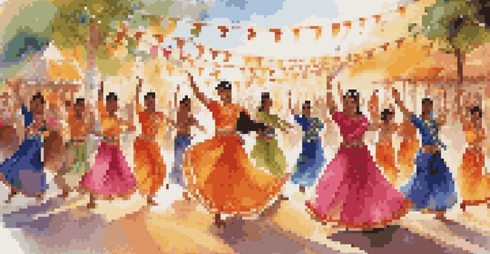 A lively outdoor festival showcasing Bollywood dancers in colorful costumes, surrounded by decorations and an engaged audience.