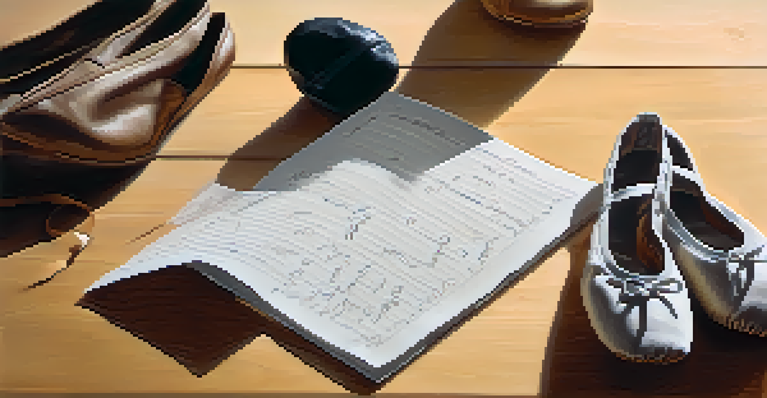 A choreographer's notes with sketches and ballet shoes on a wooden table in natural light.