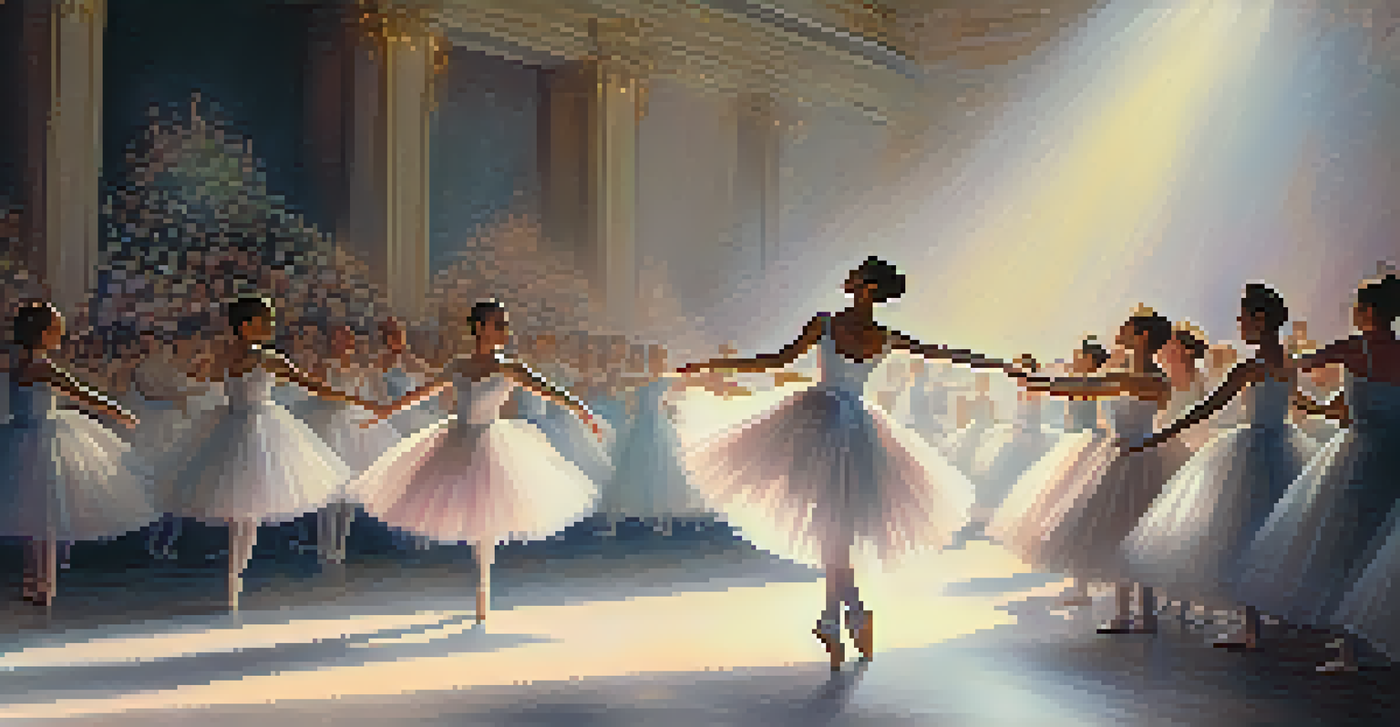 A female ballet dancer in a white tutu performing on a grand stage, illuminated by a spotlight, with a captivated audience in shadow.