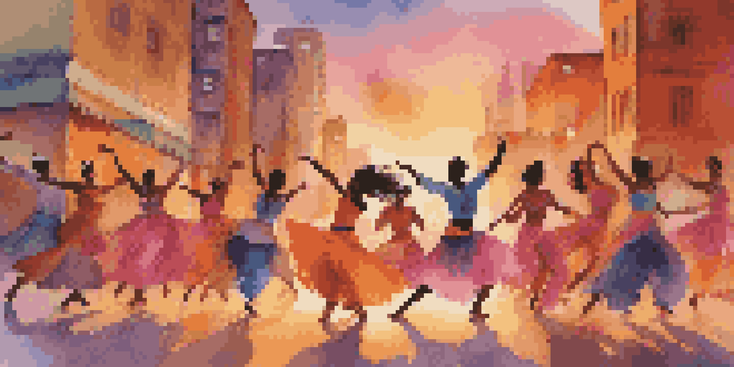 A diverse group of dancers performing in an urban setting at sunset, showcasing various cultures through colorful costumes and lively choreography.