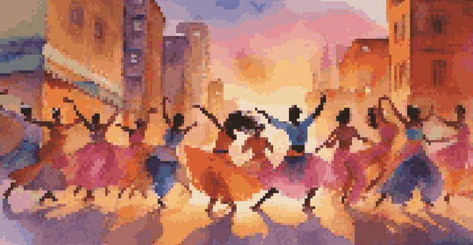 A diverse group of dancers performing in an urban setting at sunset, showcasing various cultures through colorful costumes and lively choreography.