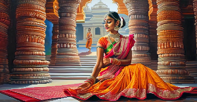 A Bharatanatyam dancer performing with intricate footwork and expressive hand gestures in a colorful costume, set against a beautifully decorated Indian temple background.
