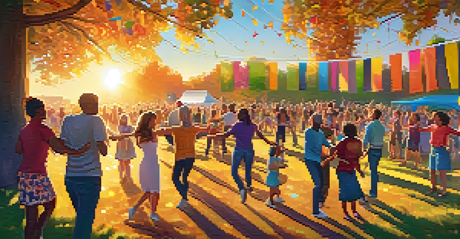 A vibrant outdoor community dance event in a park, featuring diverse individuals dancing together in a warm sunset, symbolizing connection and joy.