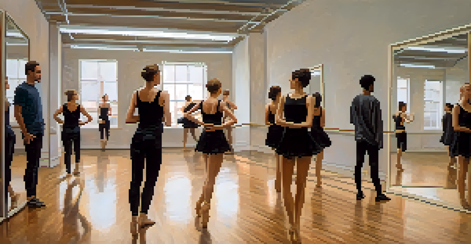 A spacious dance rehearsal room with dancers improvising, and a choreographer watching from the side.