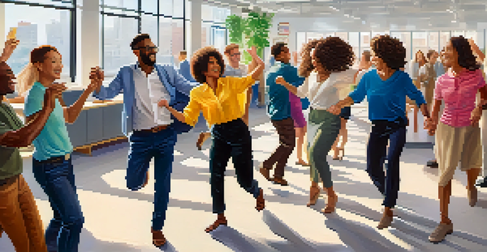 A diverse group of coworkers happily dancing together in a modern office setting, with colorful decorations and natural light.