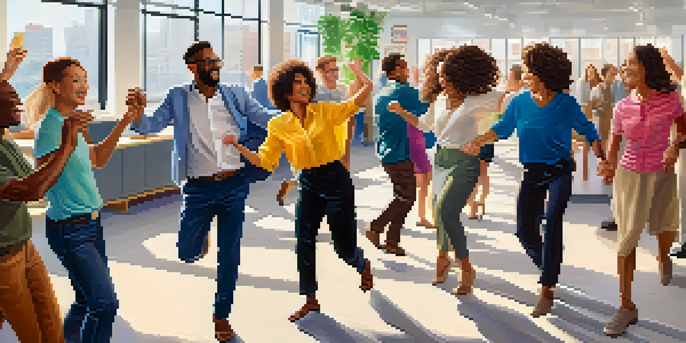 A diverse group of coworkers happily dancing together in a modern office setting, with colorful decorations and natural light.