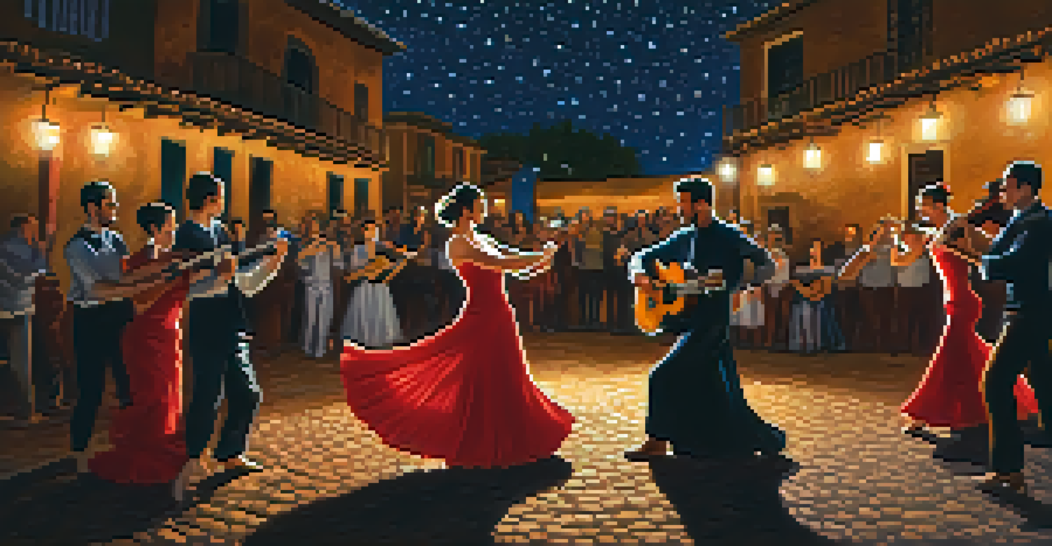 A group of Flamenco dancers and musicians performing outdoors at night, illuminated by lanterns under a starry sky.