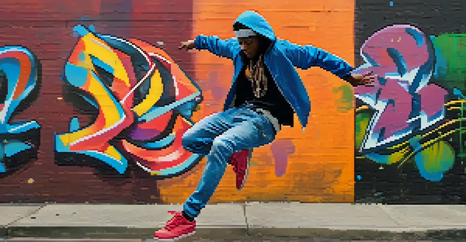 A hip-hop dancer strikes a dynamic pose on an urban street with graffiti, showcasing energy and emotion.