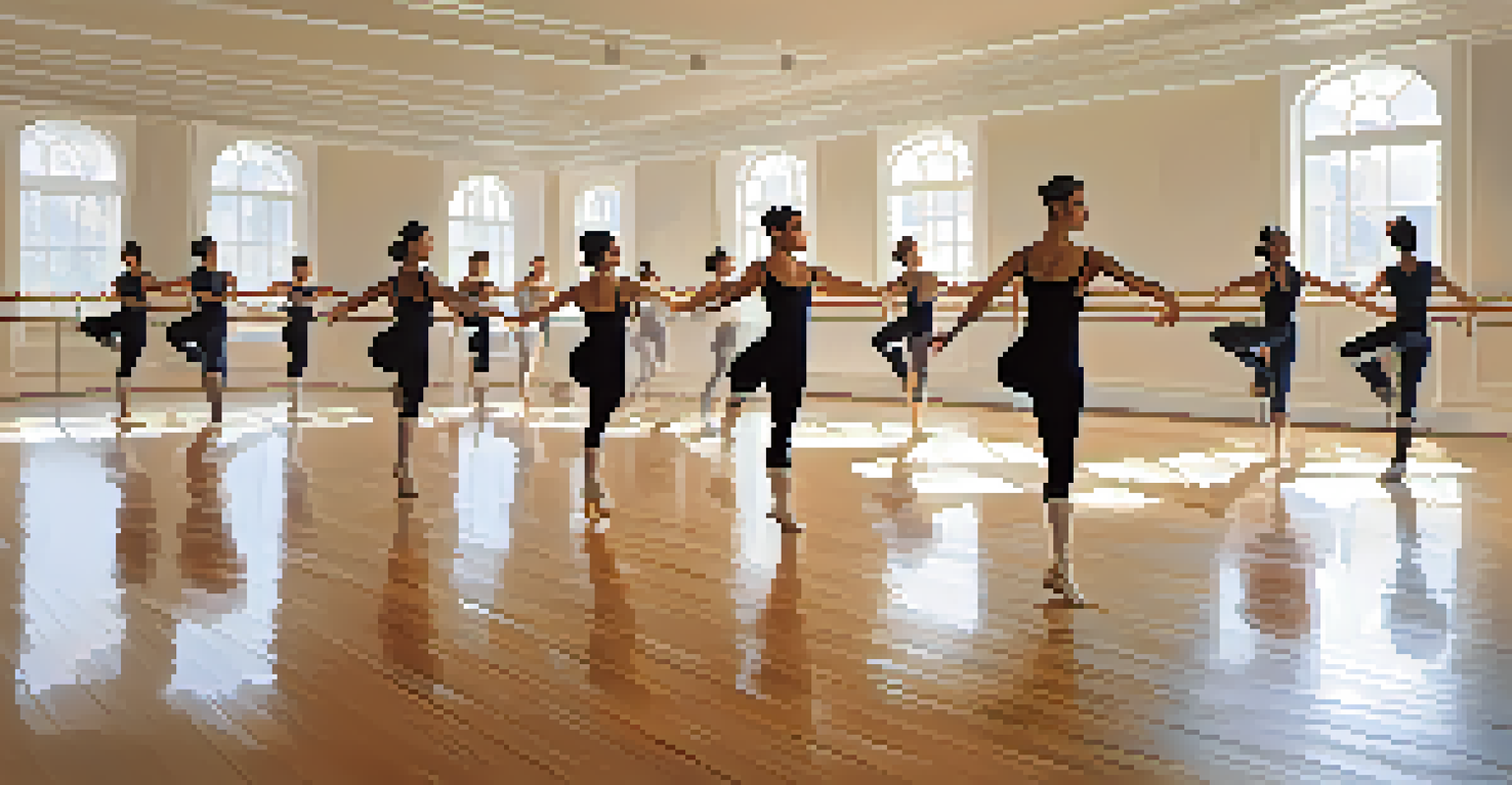 Diverse students practicing historical dance forms in a bright studio with mirrors.